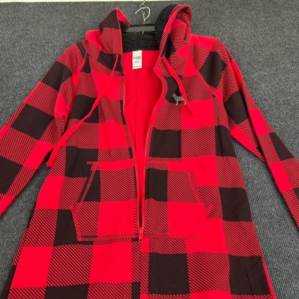 Victoria Secret PINK Red Buffalo Plaid Hooded Sherpa Long Jane One-Piece PJ - SM - Picture 4 of 15